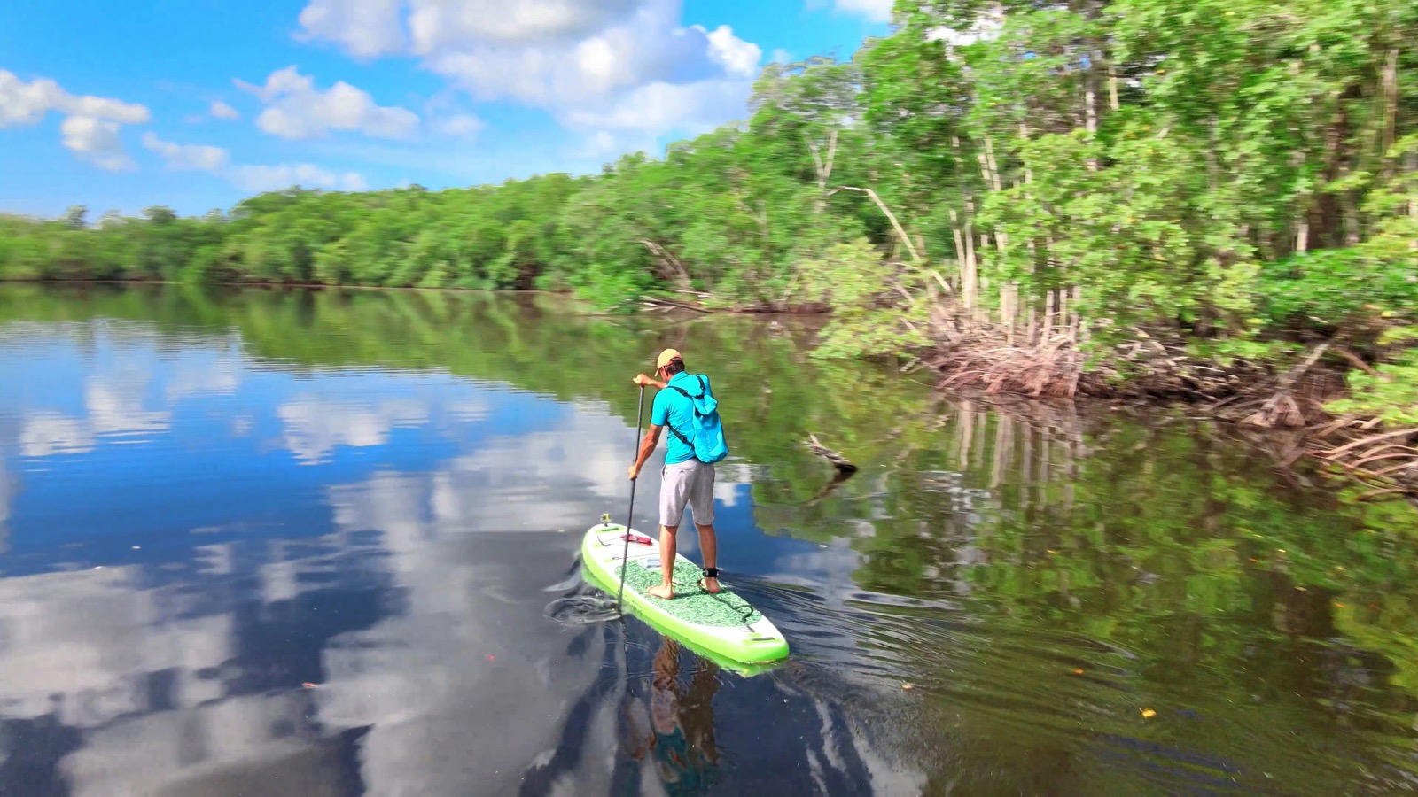 Pessoa praticando paddle em rio cercado por vegetacao tropical.