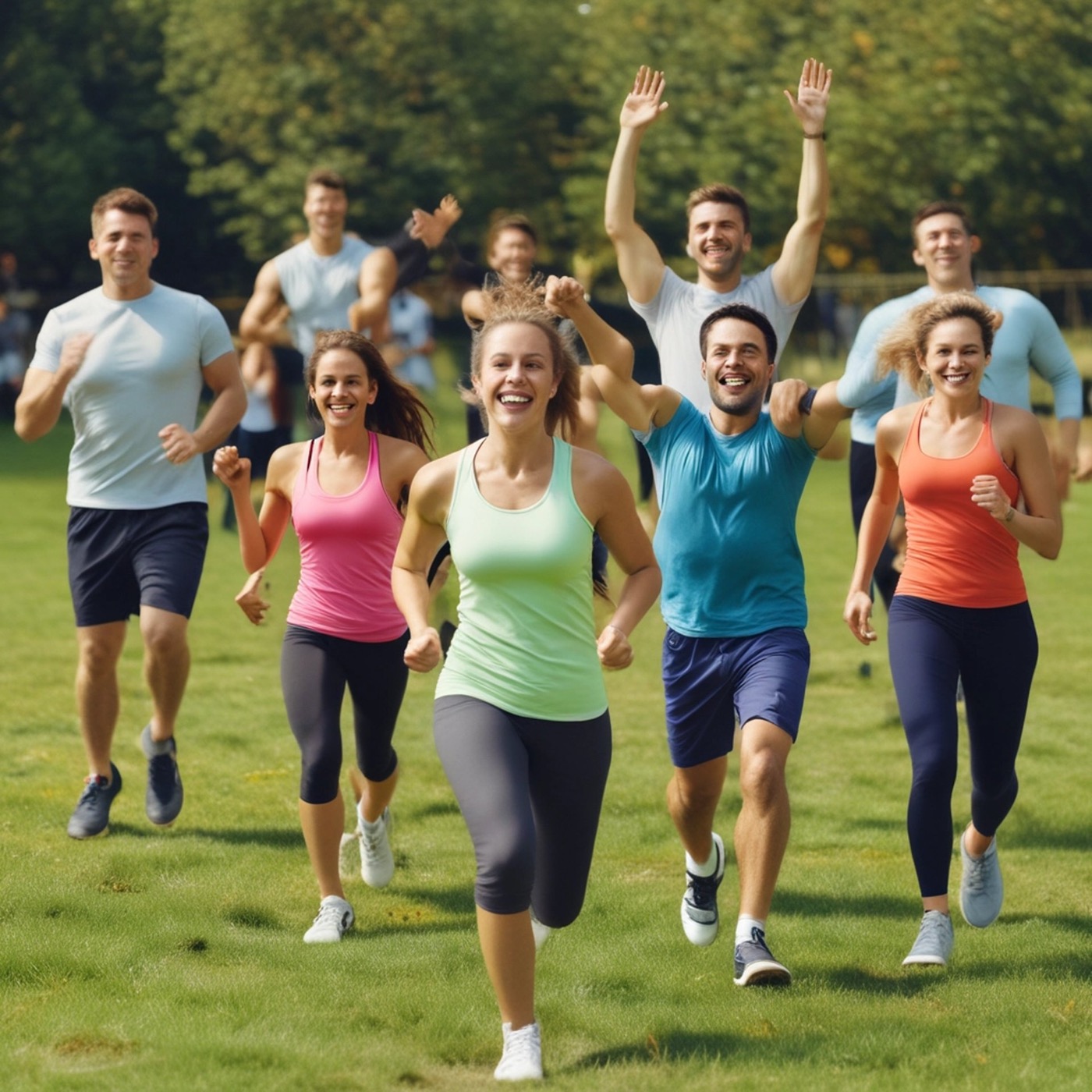 Grupo praticando corrida em area aberta e gramada.